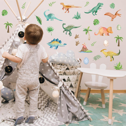 Adhesivos de pared de dinosaurios en acuarela - 28 piezas de decoración de dino para pelar y pegar