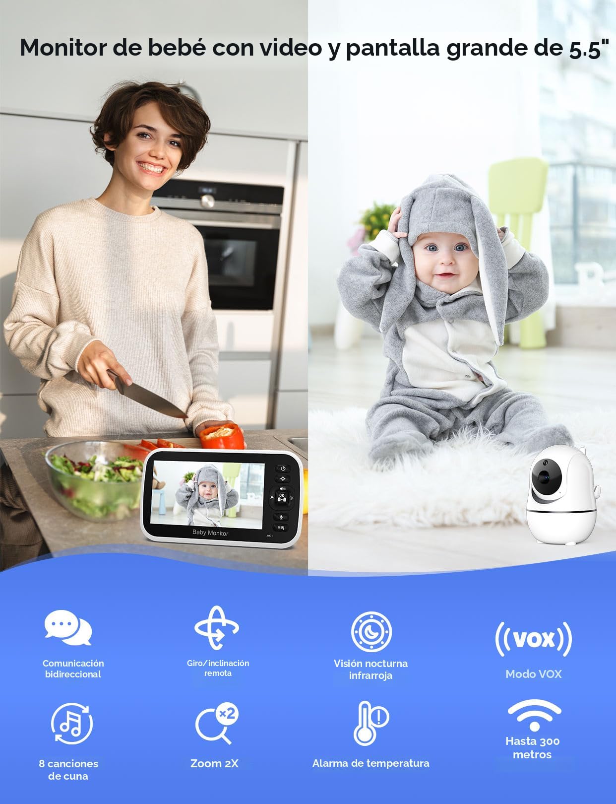 GoodBaby Monitor de bebé de 5 pulgadas con cámara y audio, sin WiFi, batería de 30 horas