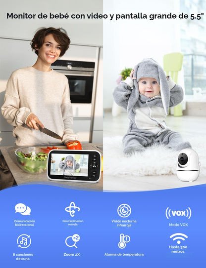 GoodBaby Monitor de bebé de 5 pulgadas con cámara y audio, sin WiFi, batería de 30 horas