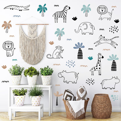 Adhesivos de pared de vida silvestre de safari, diseño de línea artística