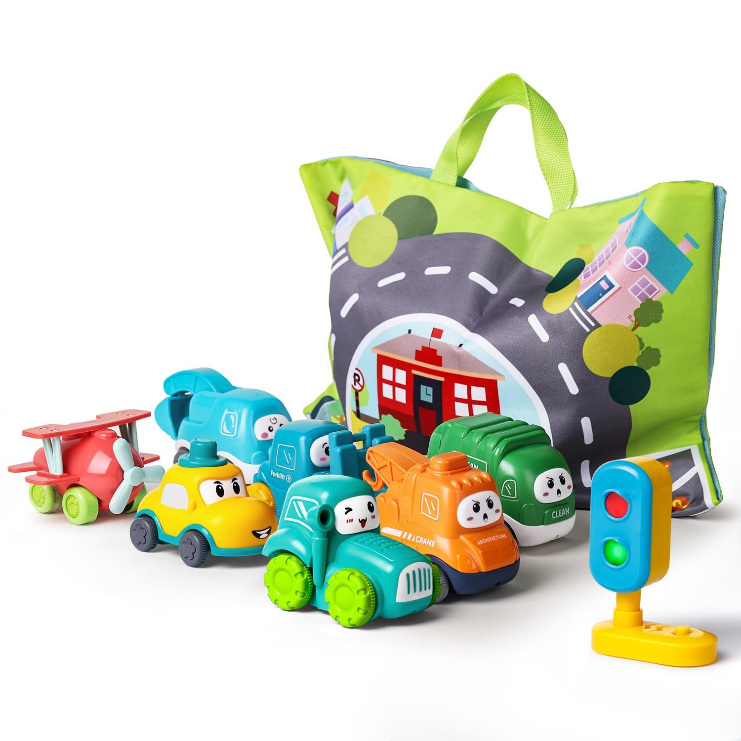 ALASOU Juguetes de coche de grúas para bebés con tapete de juego/bolsa