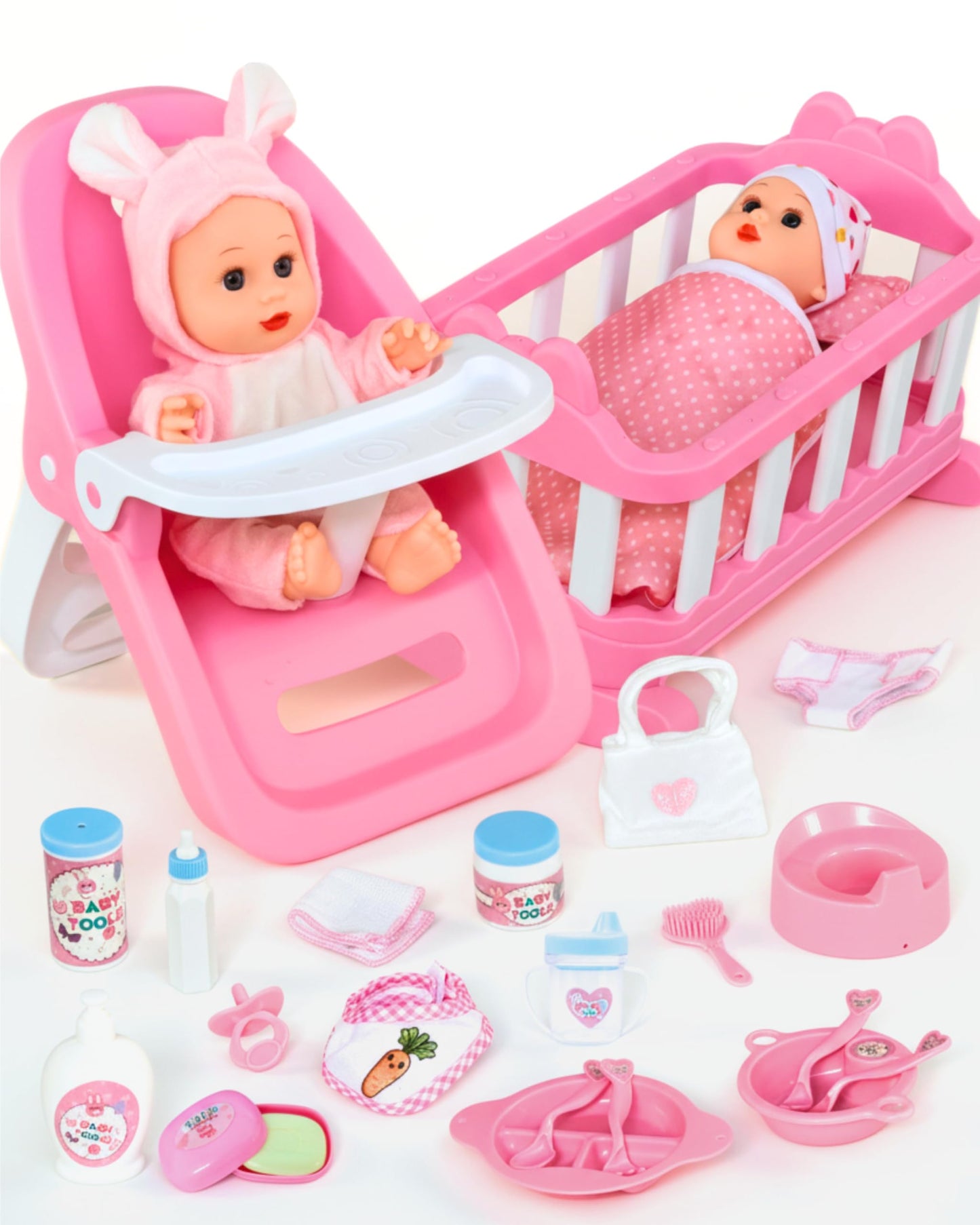 Conjunto de muñecas para bebé con accesorios, cuna y trona de 29 piezas