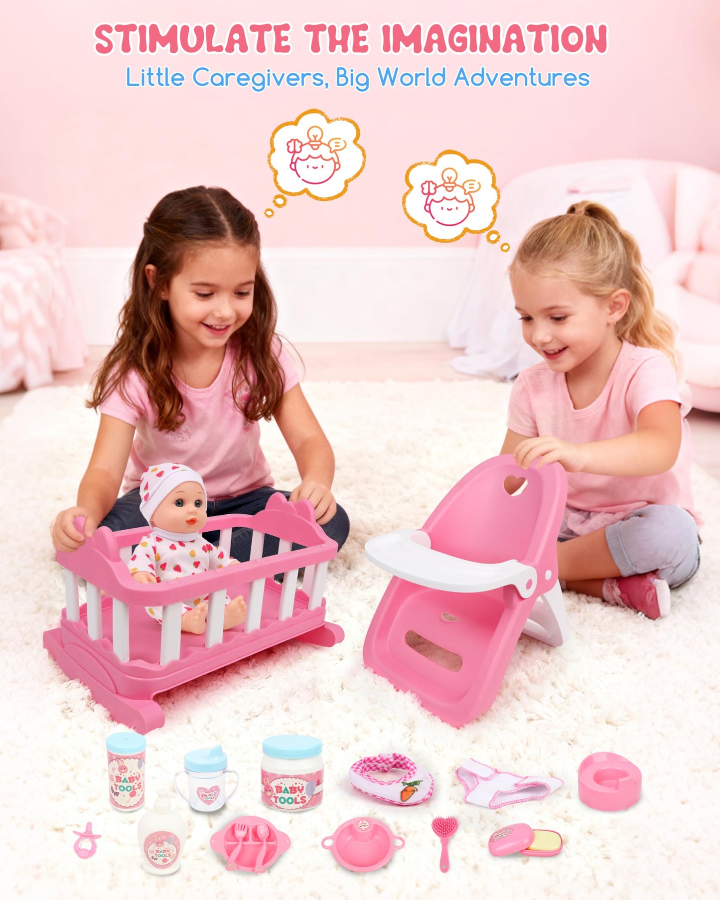 Conjunto de muñecas para bebé con accesorios, cuna y trona de 29 piezas