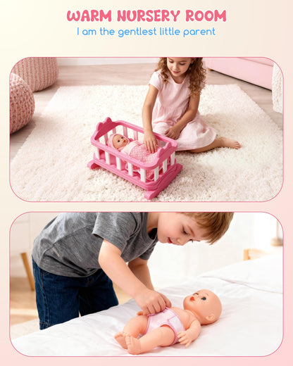 Conjunto de muñecas para bebé con accesorios, cuna y trona de 29 piezas