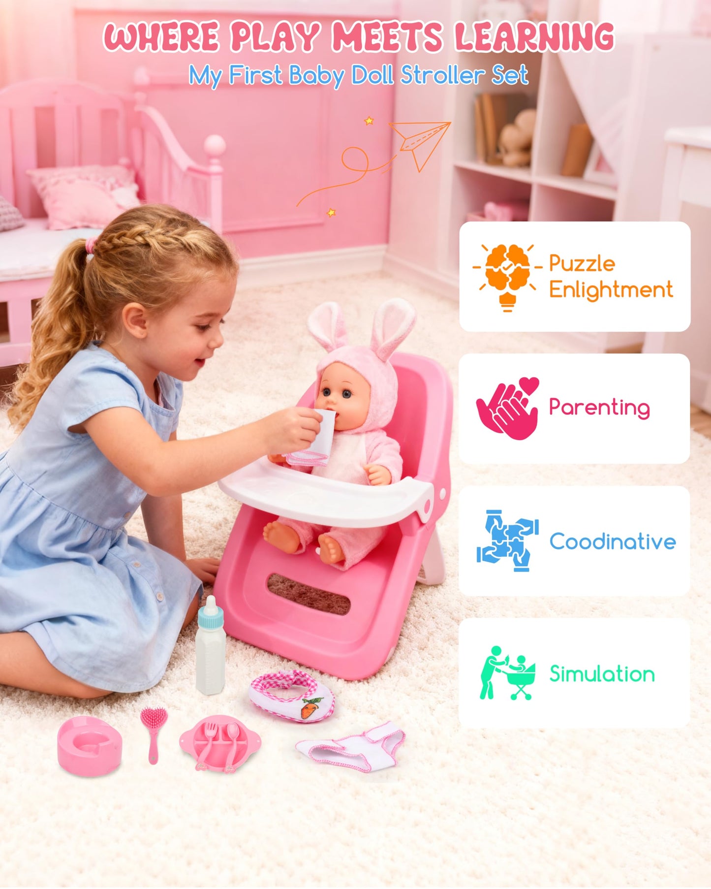 Conjunto de muñecas para bebé con accesorios, cuna y trona de 29 piezas