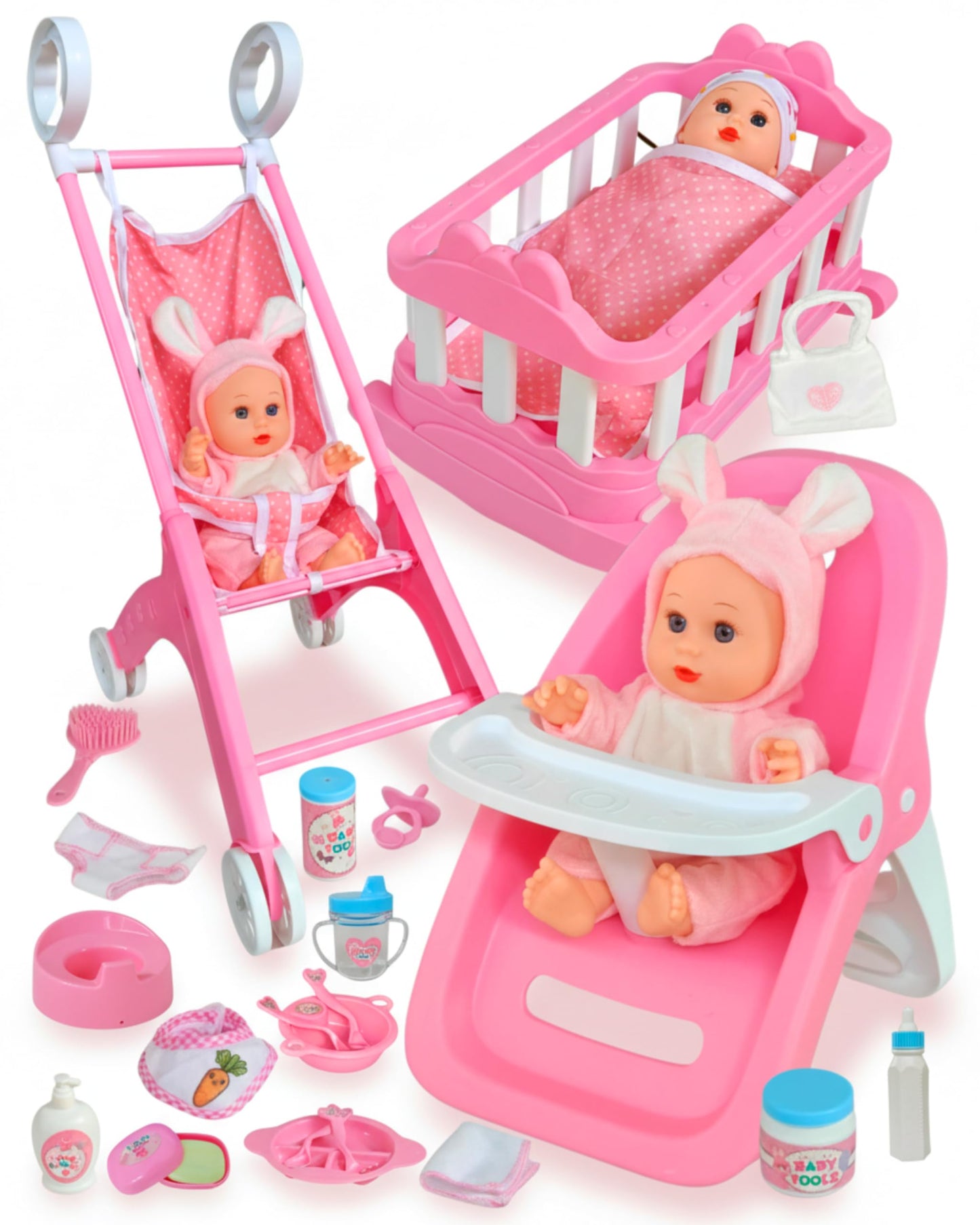 Juego de juguetes de 31 piezas con cochecito y silla de comedor para muñecas
