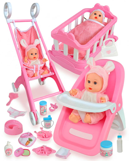 Juego de juguetes de 31 piezas con cochecito y silla de comedor para muñecas
