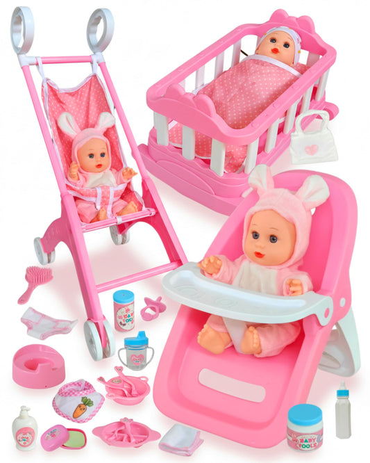 Juego de juguetes de 31 piezas con cochecito y silla de comedor para muñecas