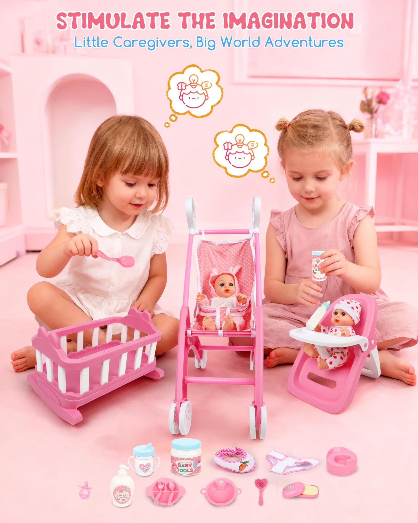 Juego de juguetes de 31 piezas con cochecito y silla de comedor para muñecas