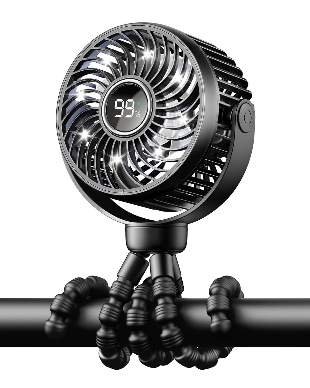 Mini ventilador portátil para cochecito de viaje, rotación de 360°, luz nocturna LED de 4 velocidades