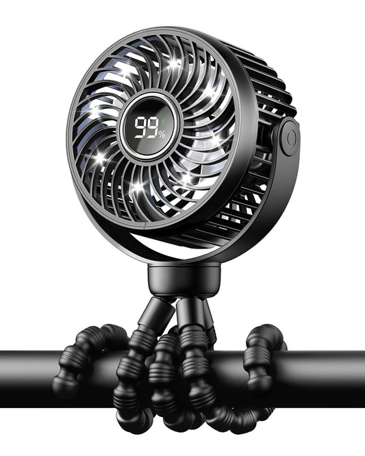Mini ventilador portátil para cochecito de viaje, rotación de 360°, luz nocturna LED de 4 velocidades