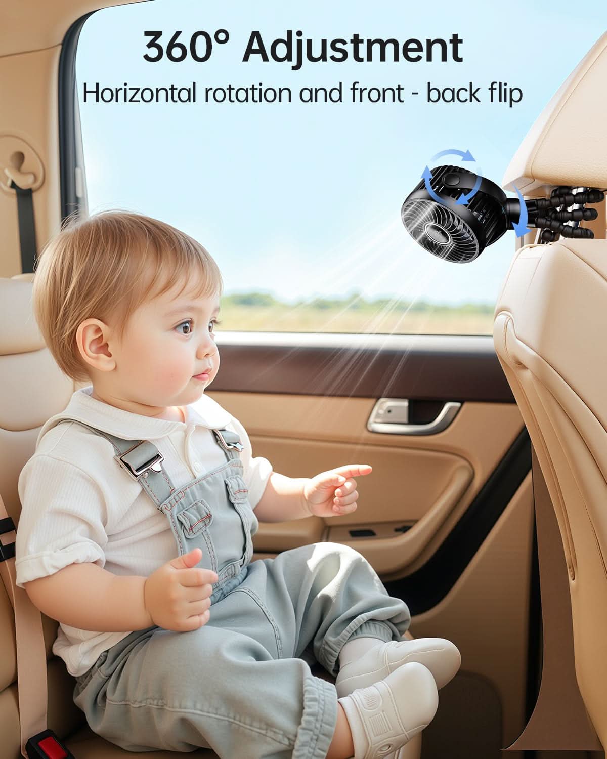 Mini ventilador portátil para cochecito de viaje, rotación de 360°, luz nocturna LED de 4 velocidades