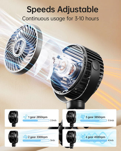 Mini ventilador portátil para cochecito de viaje, rotación de 360°, luz nocturna LED de 4 velocidades
