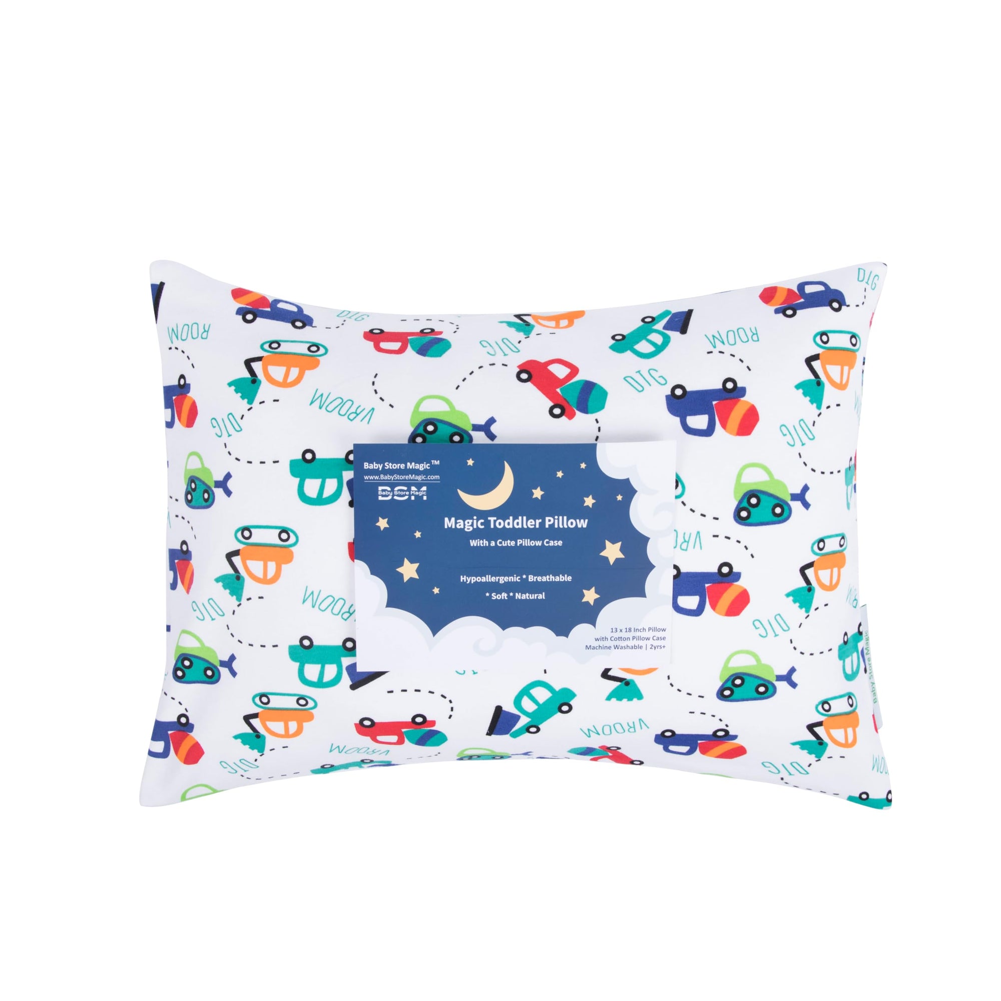 Almohada mágica para niños pequeños con linda funda de almohada, hipoalergénica, transpirable, suave, natural, 13 x 18 pulgadas, niños pequeños, bebés (Vroom Magic)