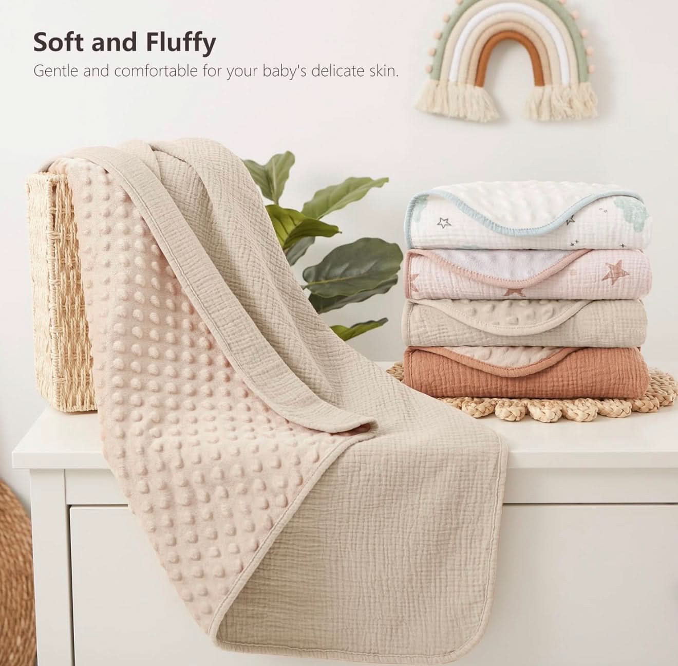 Susurration Manta de bebé unisex, parte delantera de muselina de algodón y parte trasera de forro polar punteado