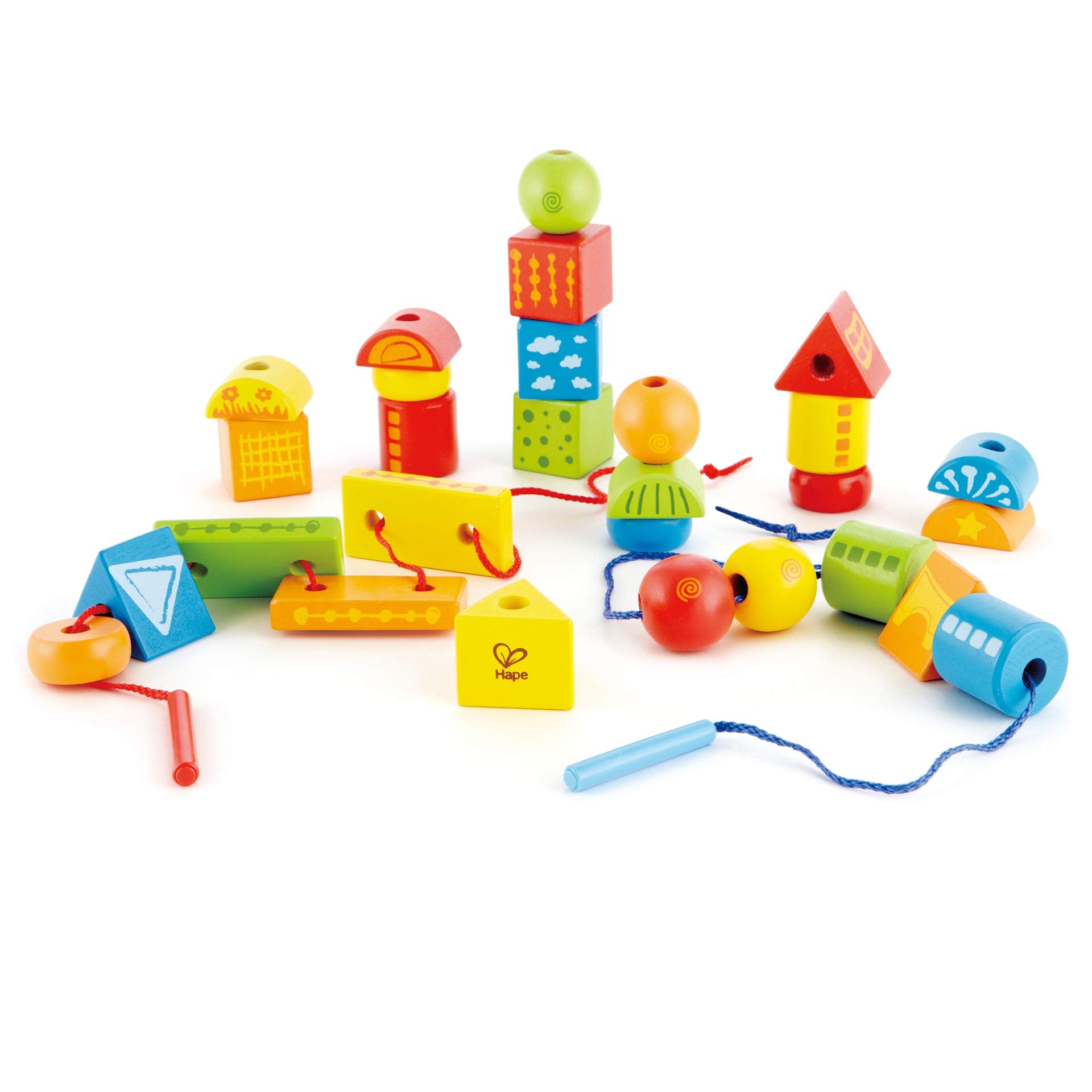 Hape Formas de cuerda | Juego clásico de apilamiento de bloques de madera de 32 piezas