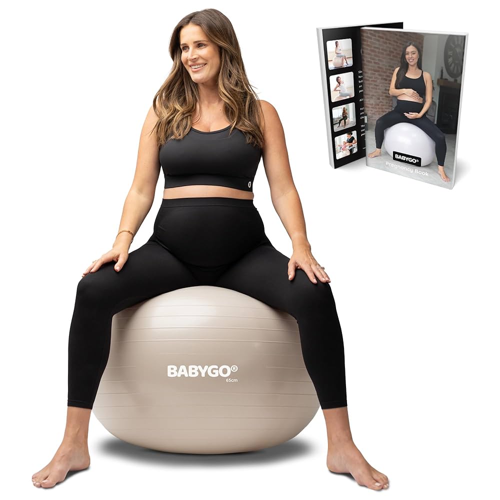BABYGO Bola de parto – Juego de pelota y libro de yoga y ejercicio para embarazo, 65cm