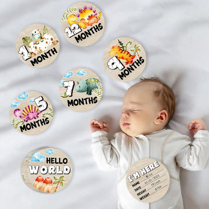Círculos mensuales de hitos de dinosaurio para bebés, discos de madera para fotos