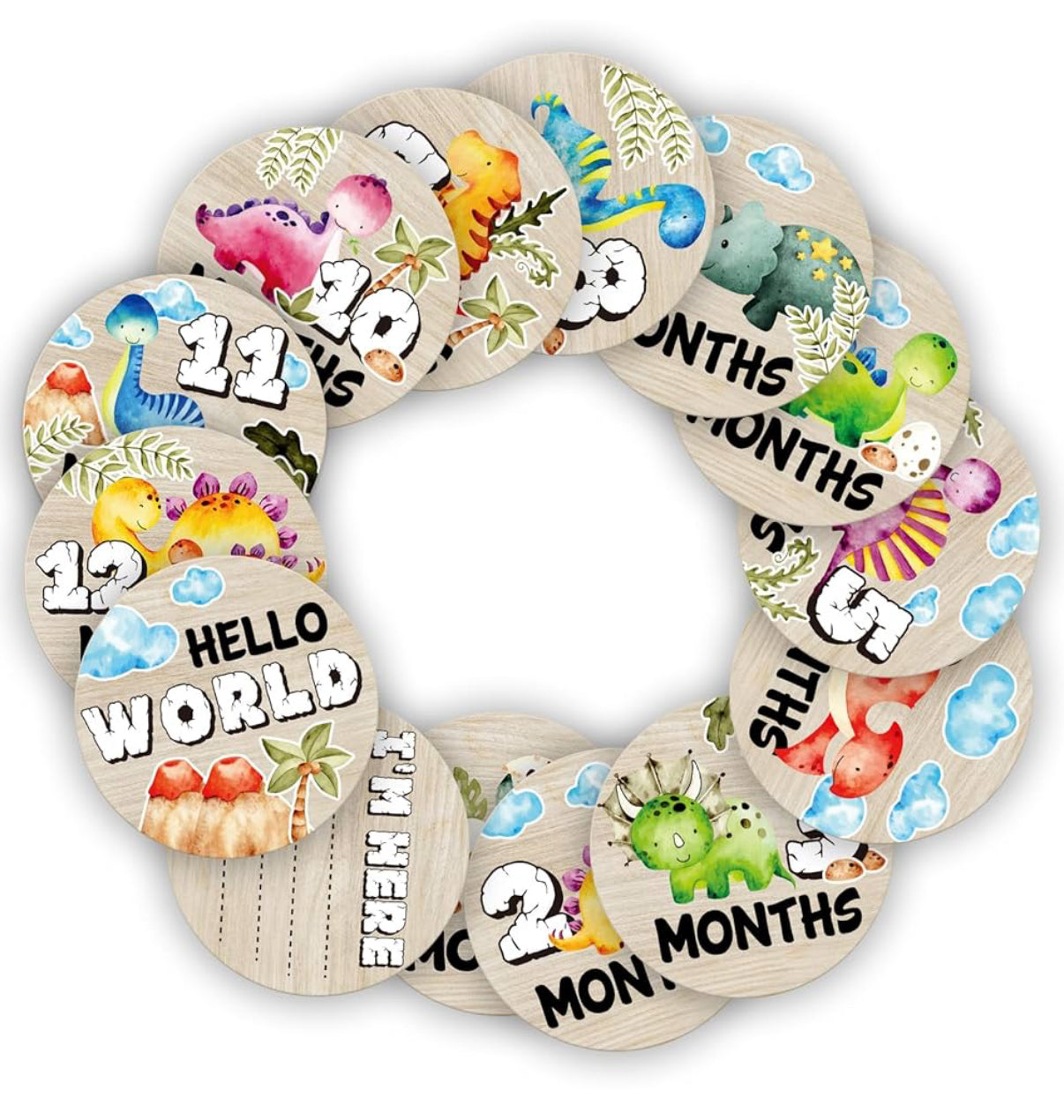 Círculos mensuales de hitos de dinosaurio para bebés, discos de madera para fotos