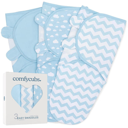 Manta de bebé Comfy Cubs Easy Swaddle, paquete de 3 - 100 % algodón, 3-6 meses