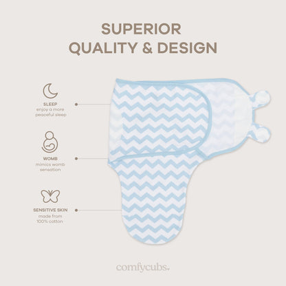 Manta de bebé Comfy Cubs Easy Swaddle, paquete de 3 - 100 % algodón, 3-6 meses