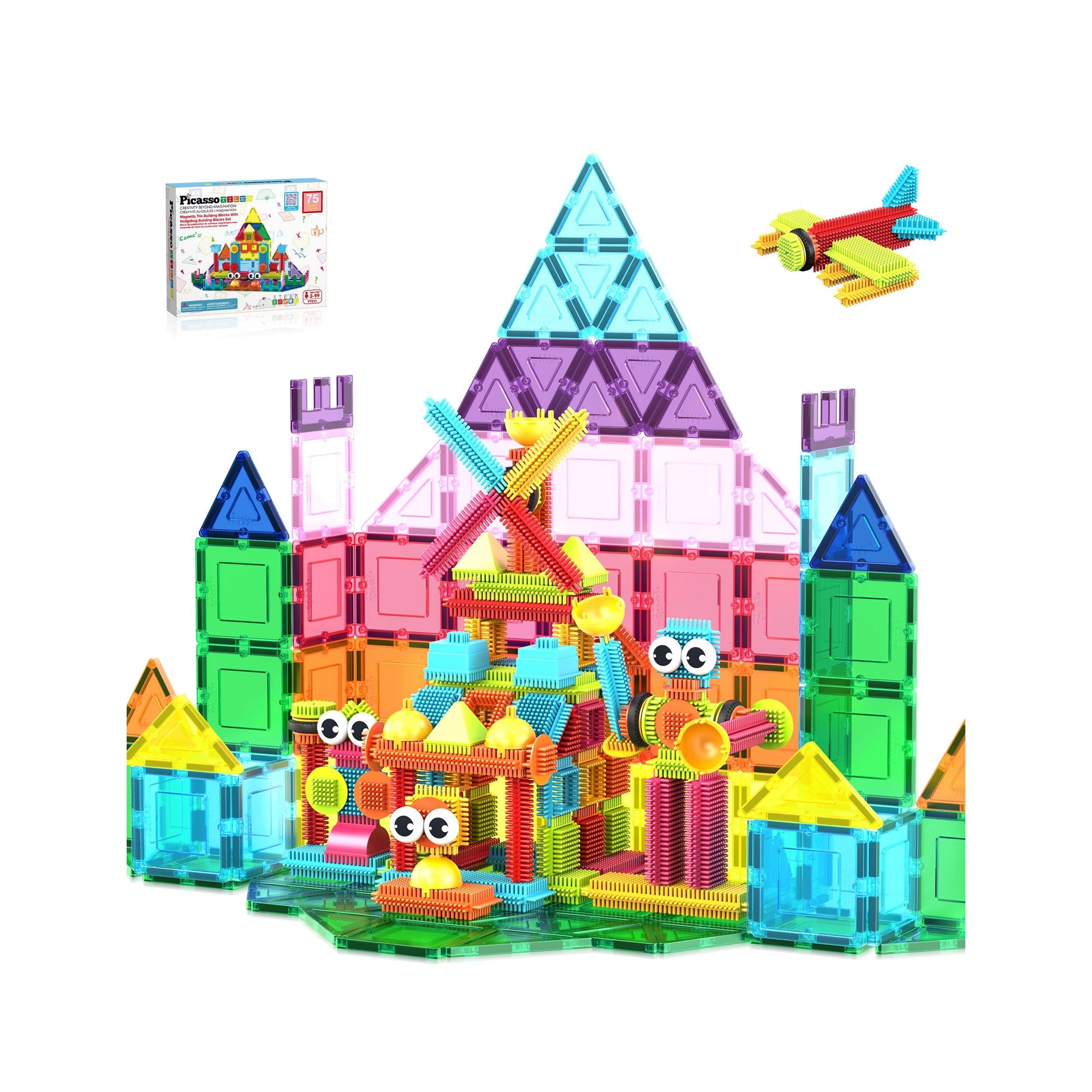 PicassoTiles - Juego de bloques magnéticos y erizo 2 en 1, 75 piezas