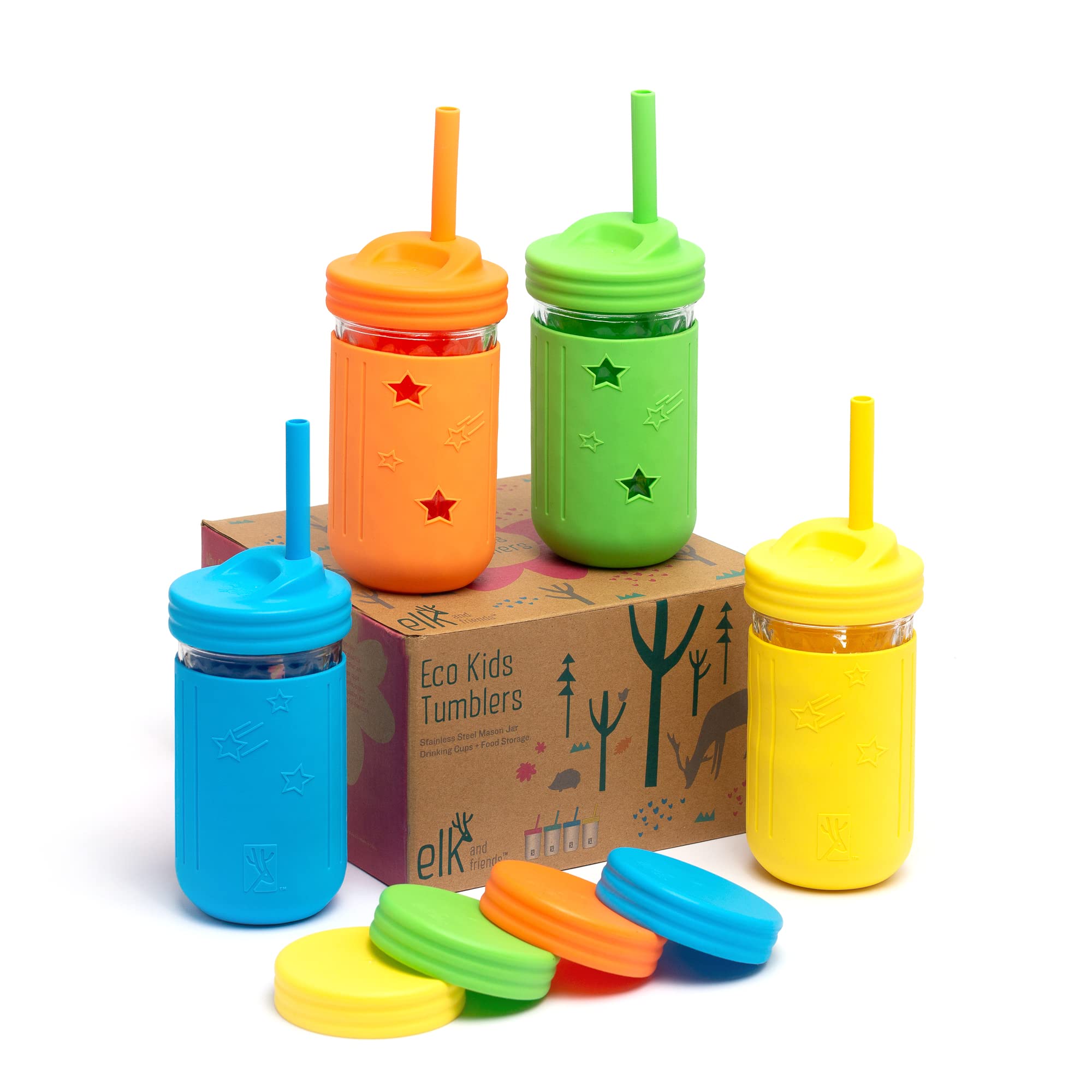 Elk and Friends Vasos para niños y niños pequeños | Los tarros de vidrio originales de 12 onzas con fundas de silicona y pajitas