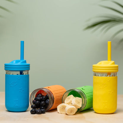 Elk and Friends Vasos para niños y niños pequeños | Los tarros de vidrio originales de 12 onzas con fundas de silicona y pajitas