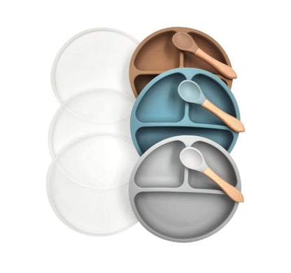 Paquete de 3 platos para bebés con succión y 3 cucharas para bebé, sin BPA