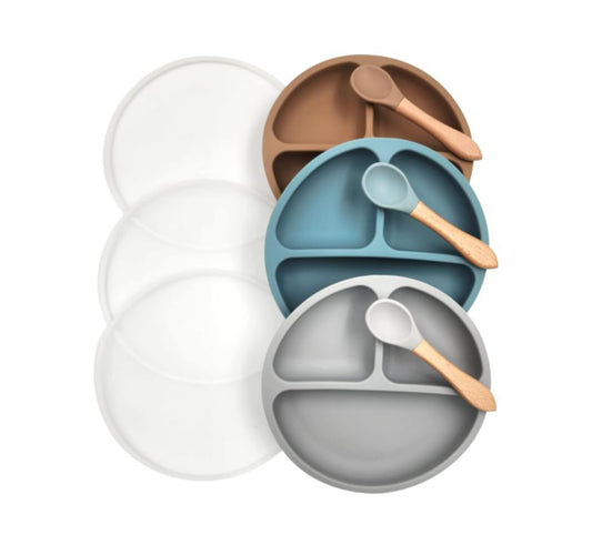 Paquete de 3 platos para bebés con succión y 3 cucharas para bebé, sin BPA