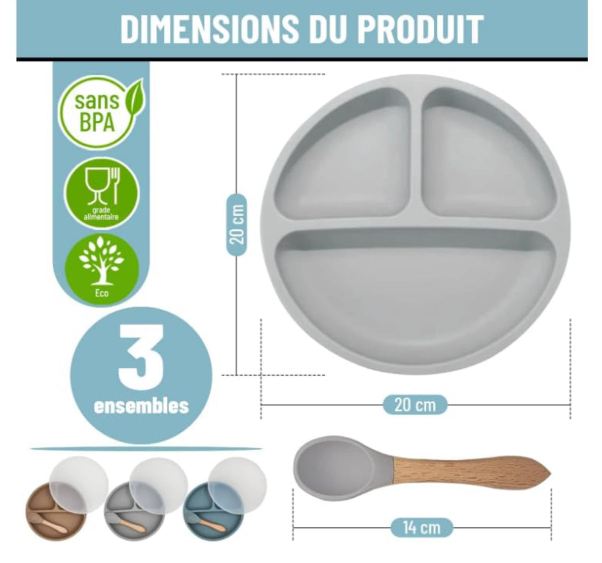 Paquete de 3 platos para bebés con succión y 3 cucharas para bebé, sin BPA