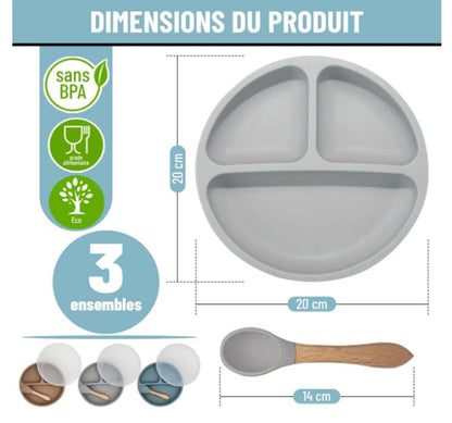 Paquete de 3 platos para bebés con succión y 3 cucharas para bebé, sin BPA
