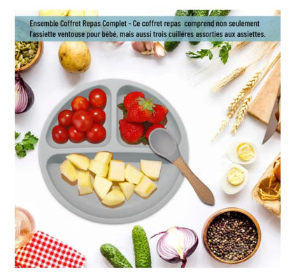 Paquete de 3 platos para bebés con succión y 3 cucharas para bebé, sin BPA