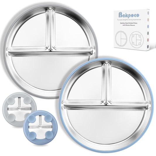 Bakpoco platos de acero inoxidable para niños pequeños con succión, platos divididos de 9 pulgadas
