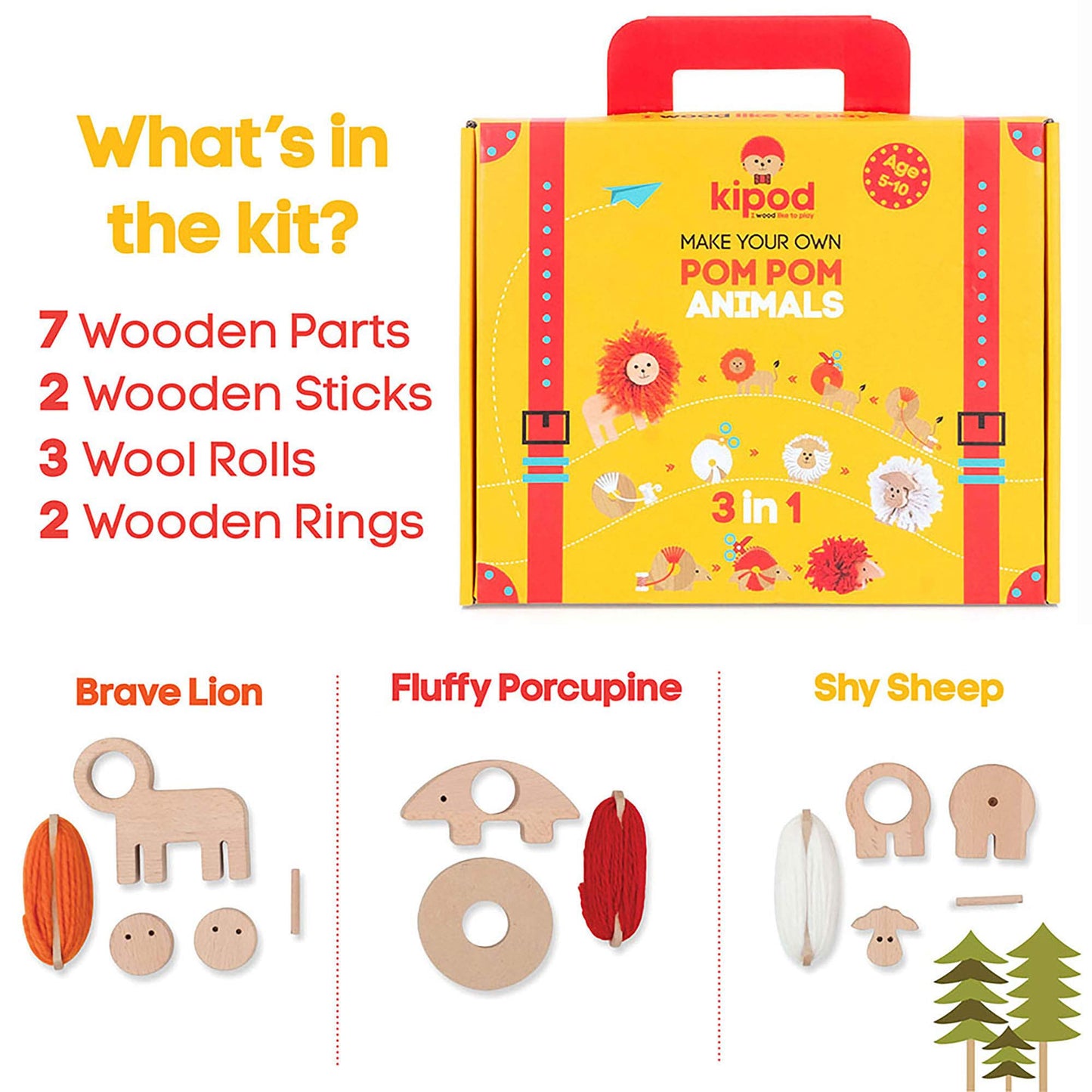 kipod Pompom Animals Kit de juguetes de madera