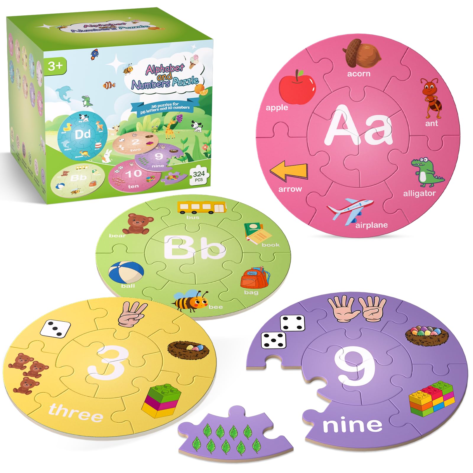 Rompecabezas de madera con números y letras para niños de 3 a 5 años