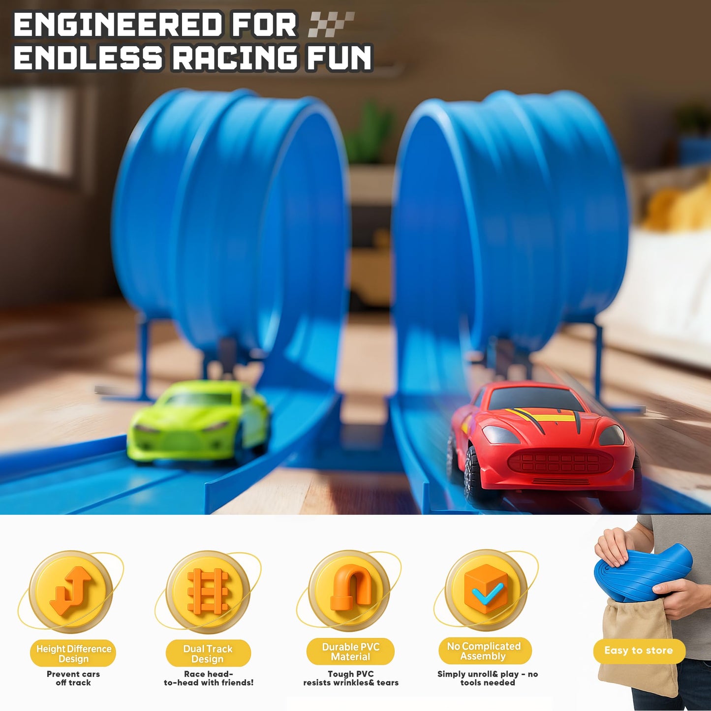 Pista flexible de 15.75 pies para niños, pista de carreras compatible con Hot Wheels y coches de metal