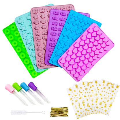 Juego de 6 moldes de gomitas, 299 caramelos, 16 formas con 4 goteros, 1 cepillo limpio y 50 bolsas de paquete