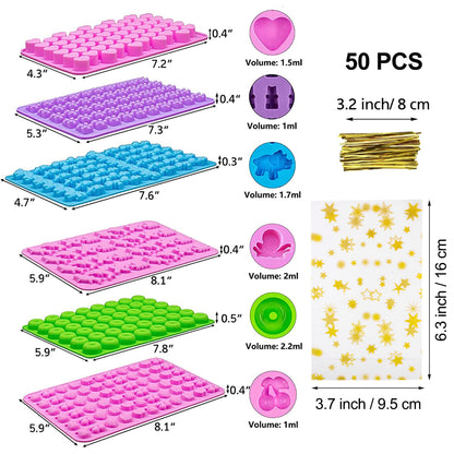 Juego de 6 moldes de gomitas, 299 caramelos, 16 formas con 4 goteros, 1 cepillo limpio y 50 bolsas de paquete