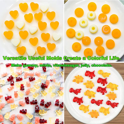 Juego de 6 moldes de gomitas, 299 caramelos, 16 formas con 4 goteros, 1 cepillo limpio y 50 bolsas de paquete