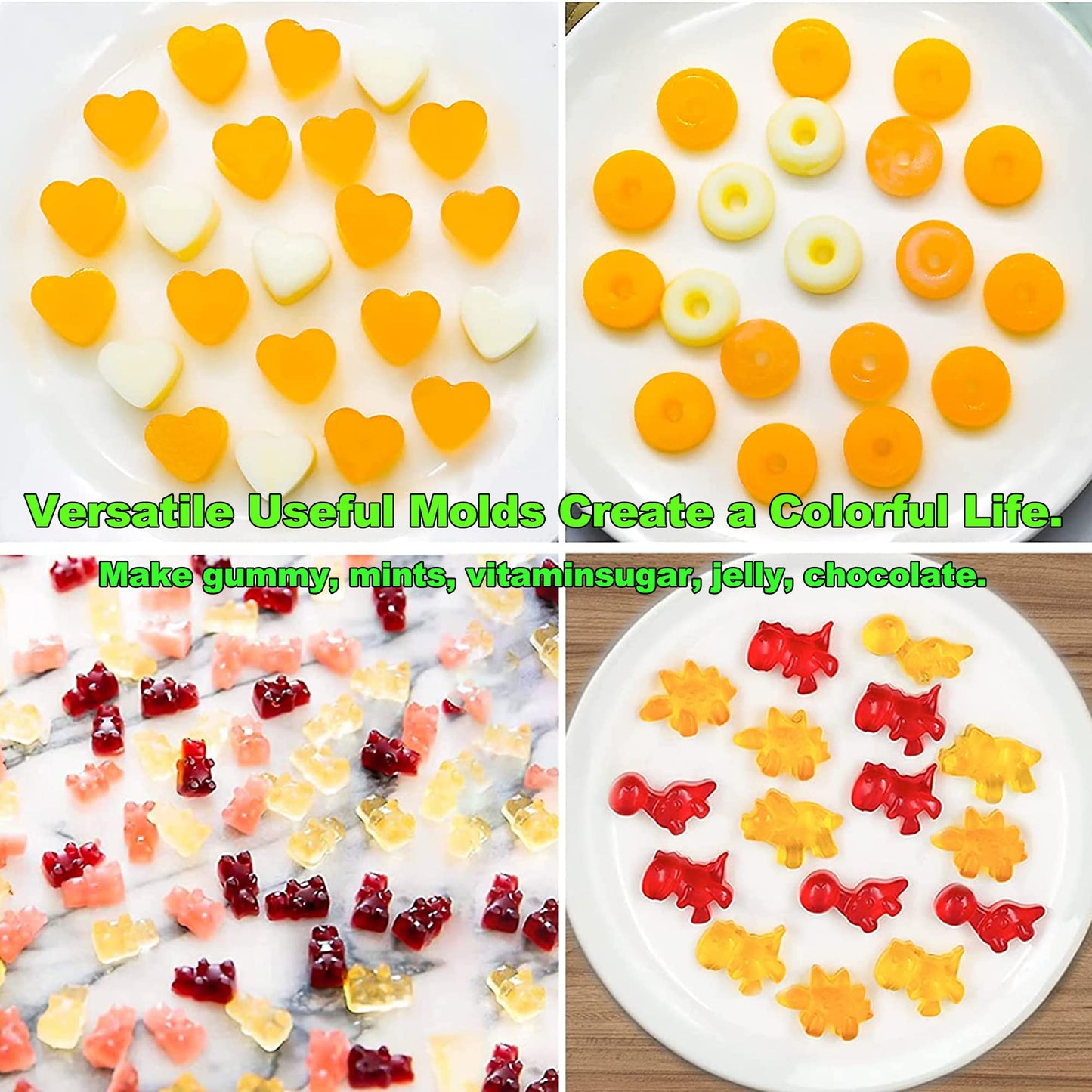 Juego de 5 moldes de gomitas con 2 goteros