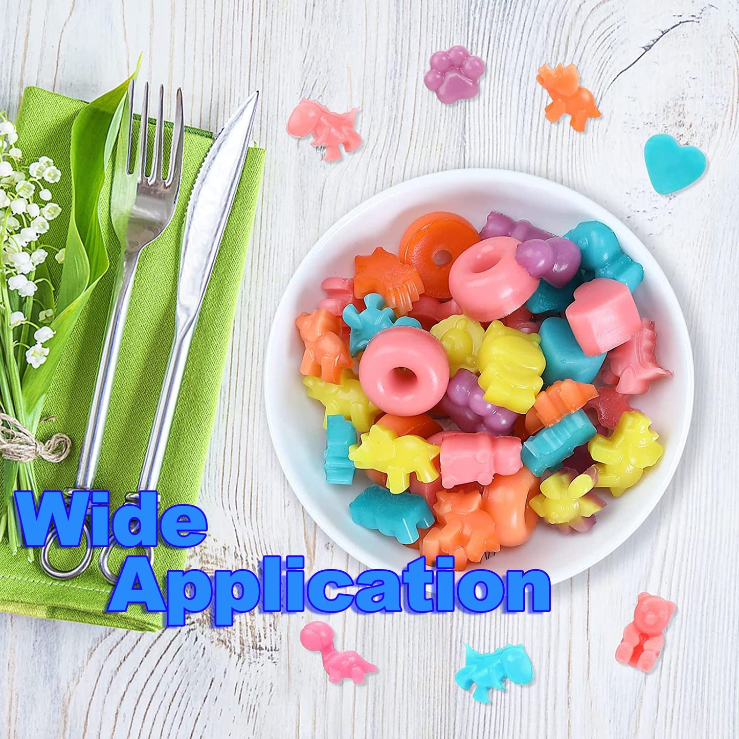 Juego de 6 moldes de gomitas, 299 caramelos, 16 formas con 4 goteros, 1 cepillo limpio y 50 bolsas de paquete