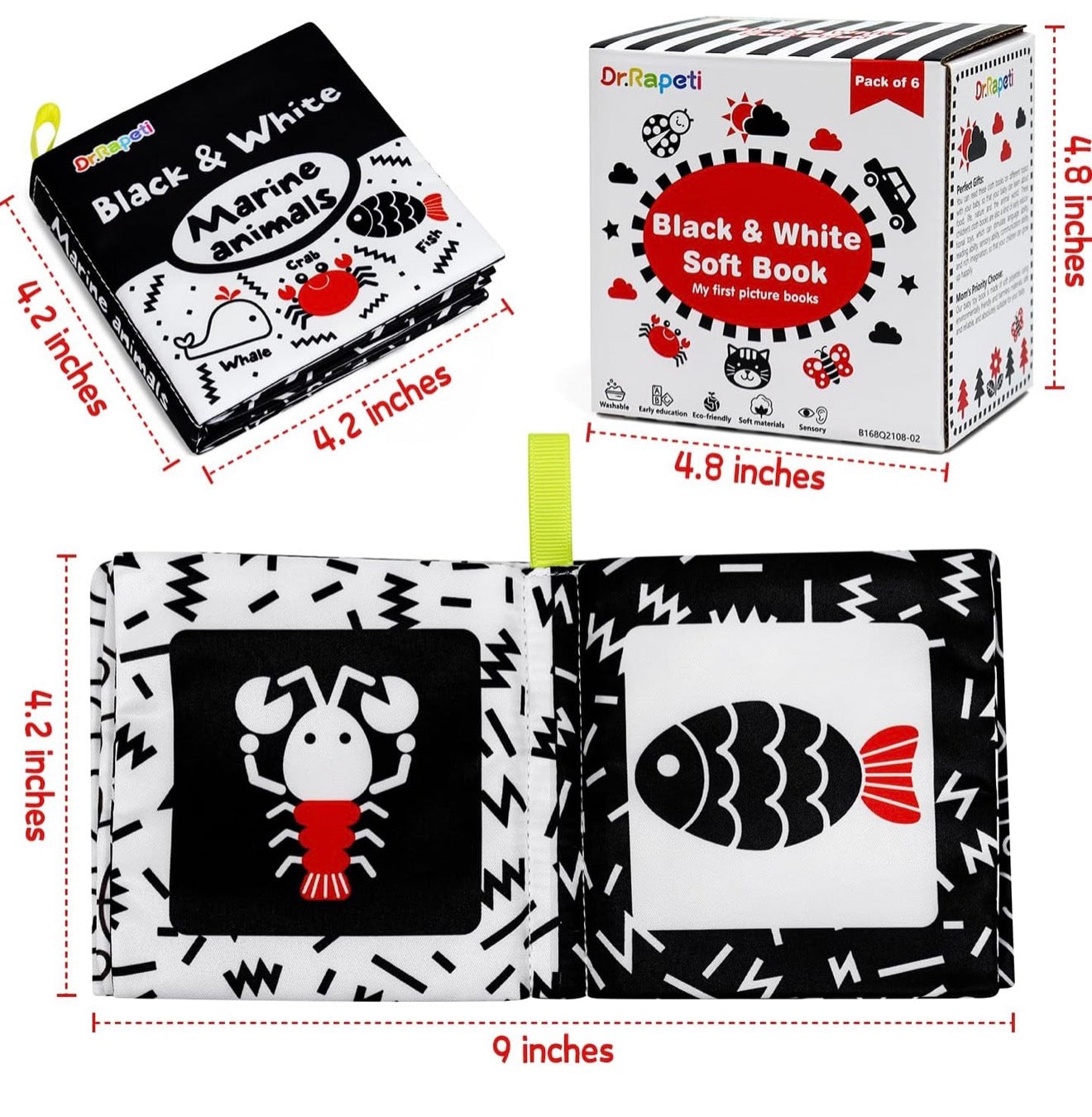 Dr.Rapeti Libros de tela suave para bebés, libros de baño, paquete de 6 para bebés