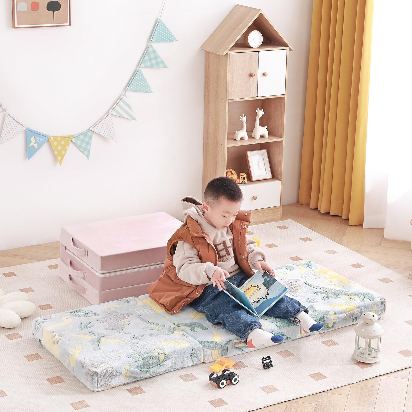 Colchón de piso triple para niños, futón que brilla en la oscuridad con funda extraíble