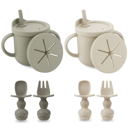 Paquete de 2 popotes de silicona para bebés y vasos de aperitivos con 2 cucharas, 2 tenedores