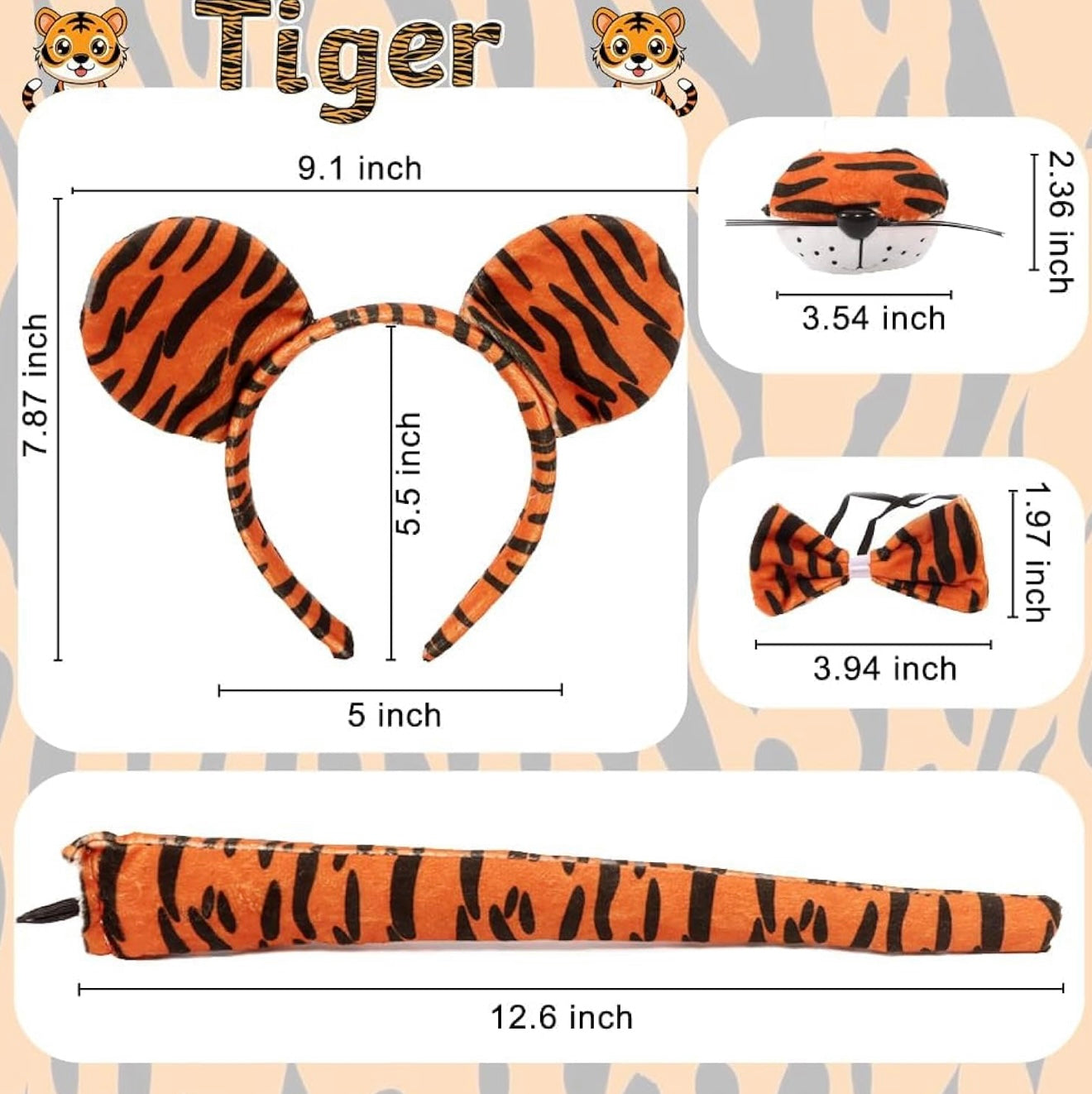 Conjunto de disfraz de tigre, accesorios de tigre, diadema para nariz, lazo, cola, tutú