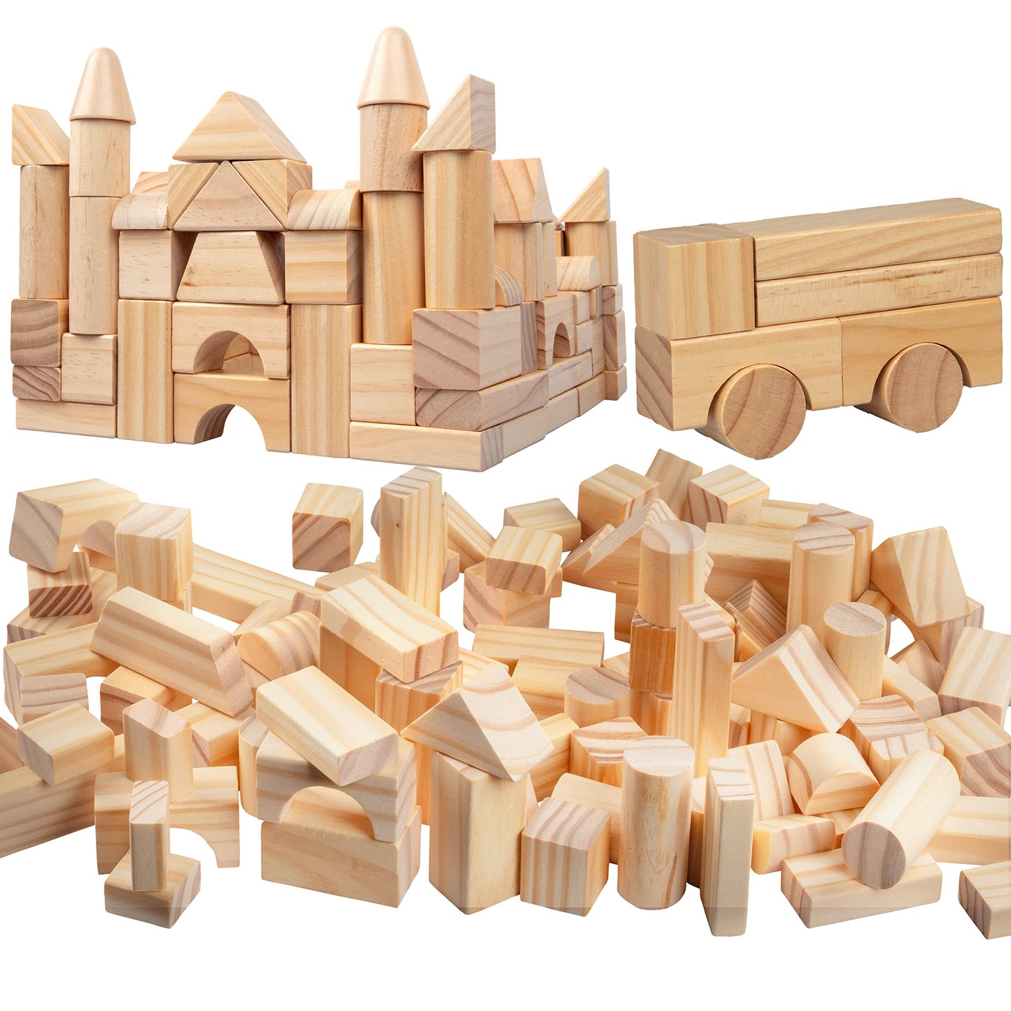 Juego de bloques de madera – 100 piezas de bloques de construcción de madera de colores naturales