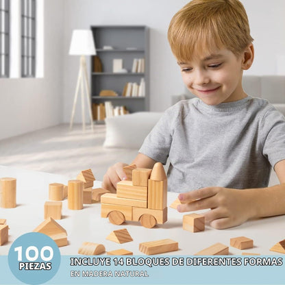 Juego de bloques de madera – 100 piezas de bloques de construcción de madera de colores naturales