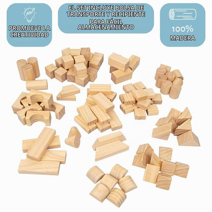 Juego de bloques de madera – 100 piezas de bloques de construcción de madera de colores naturales