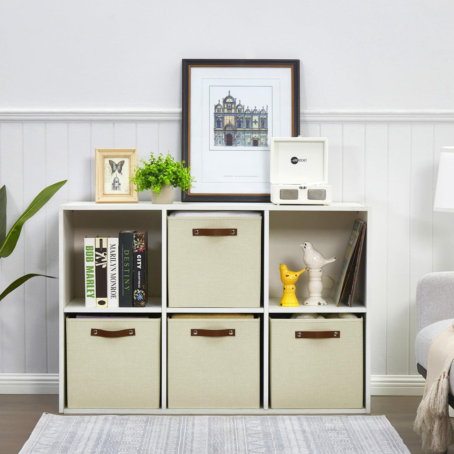 Contenedores cúbicos plegables de almacenamiento de tela con 2 asas de PU reforzadas, 13" x 13" x 13", paquete de 4